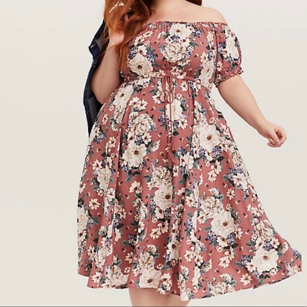 Dusty Rose Floral Challis Off Shoulder Dress
